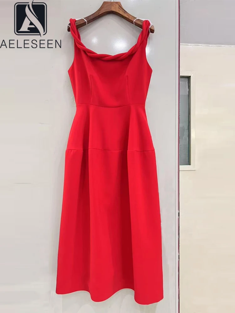 

AELESEEN Elegant Sleeveless Cowl Neck Midi Dress Women Summer Waist Cinching Solid Red Black White Spaghetti Strap Party
