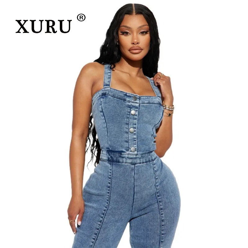 XURU-Casual Cowboy Jumpsuit for Women, Wide Leg Pants, Flare Pants, Sexy Strap, New Fashion, N7-3545