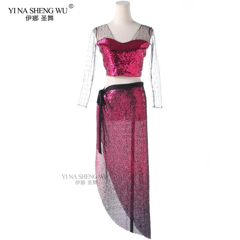 Nouveau ensemble de vêtements d'entraînement de danse automne et hiver nouveau costume de danse du ventre en maille Sexy haut + jupe 2/3 pièces ensemble de danse pour les femmes danse du ventre