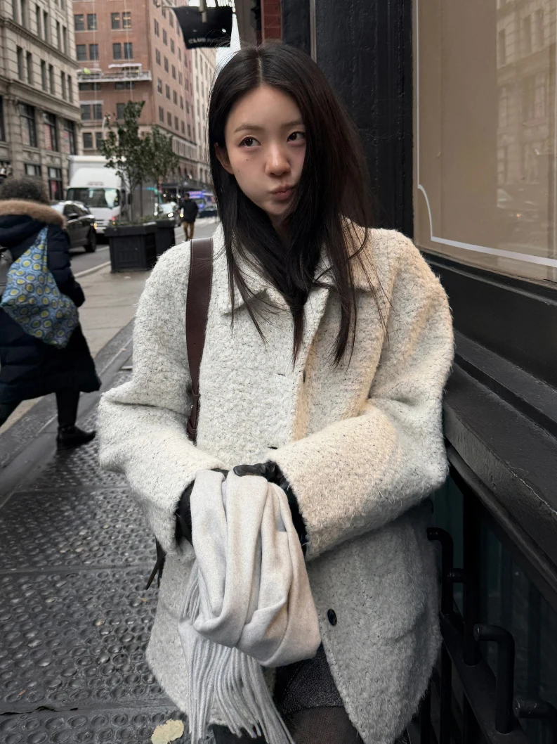 

Korean Style Fluffy Outerwear Women's Autumn Winter Loose Mid-Length Turn-down Collar Single Button Elegant Anti-aging Coat