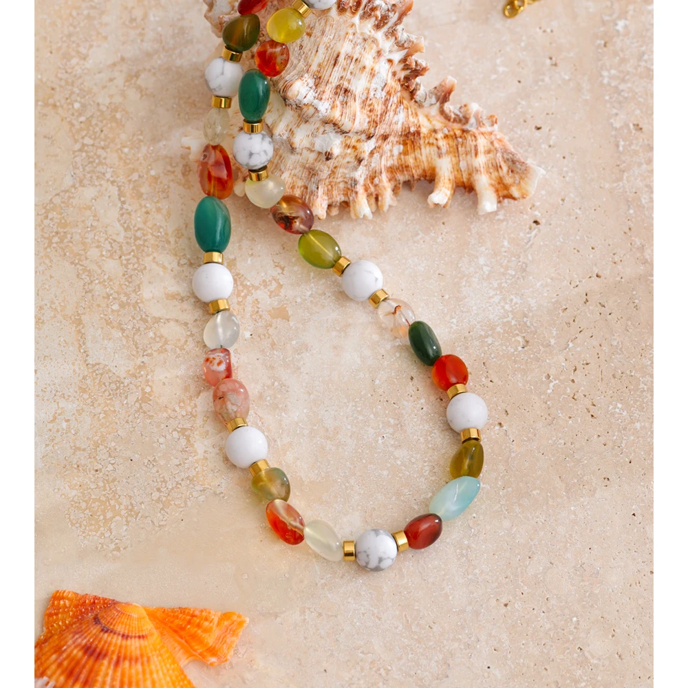 Yhpup Exquisite Colorful Natural Stone Chain Handmade Necklace Water Resistant Stainless Steel Trending Jewelry Gift