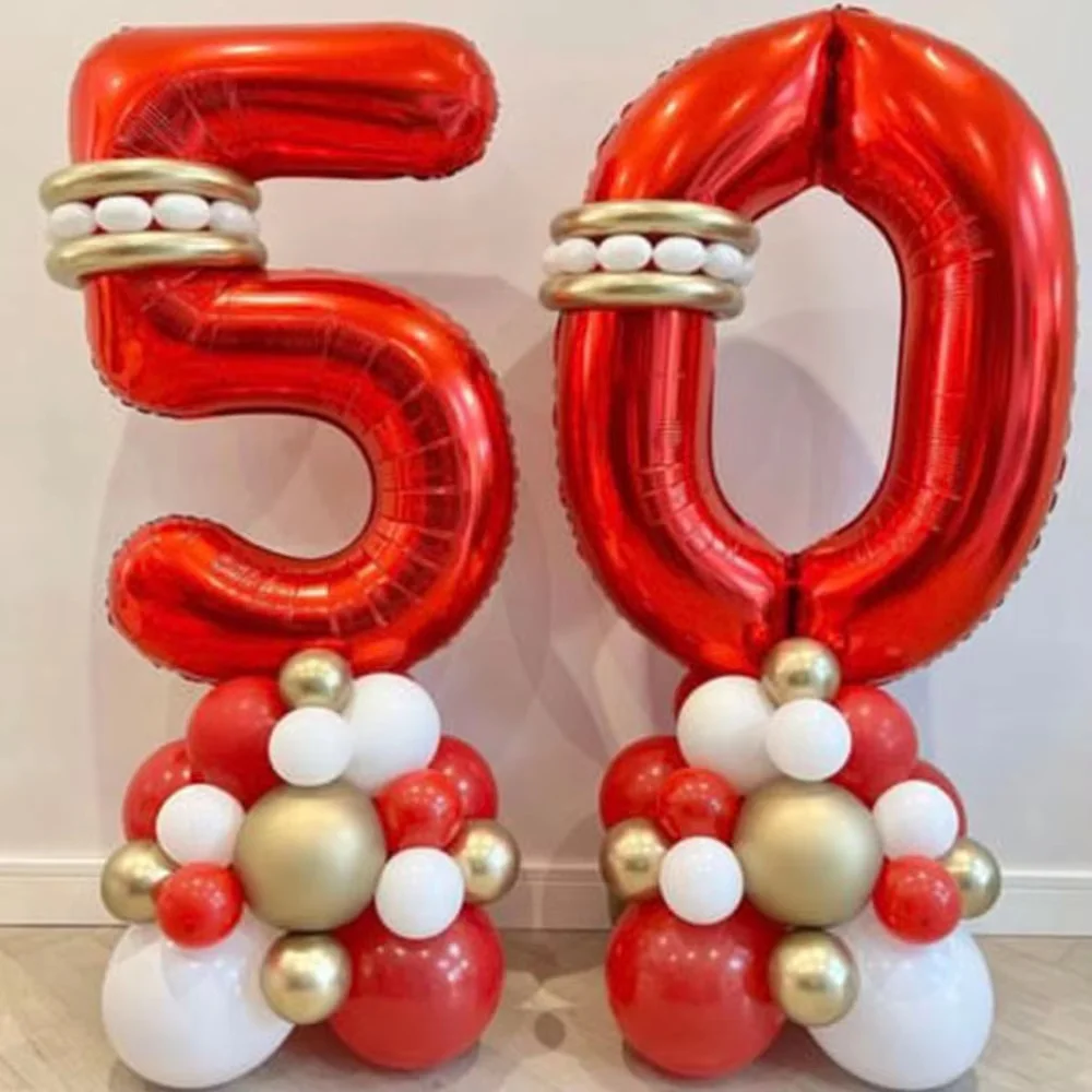 45Pcs Gold Red White Balloon Set 32inch Red Number Aluminum Foil Ballons Birthday Globos 10 20 30 40 50th Birthday Decor
