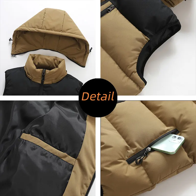 Men Trendy Sleeveless Down Thermal Hooded Vest Spring and Autumn Jacket Zipper Outdoor Winter Casual Waistcoat Waterproof Jacket