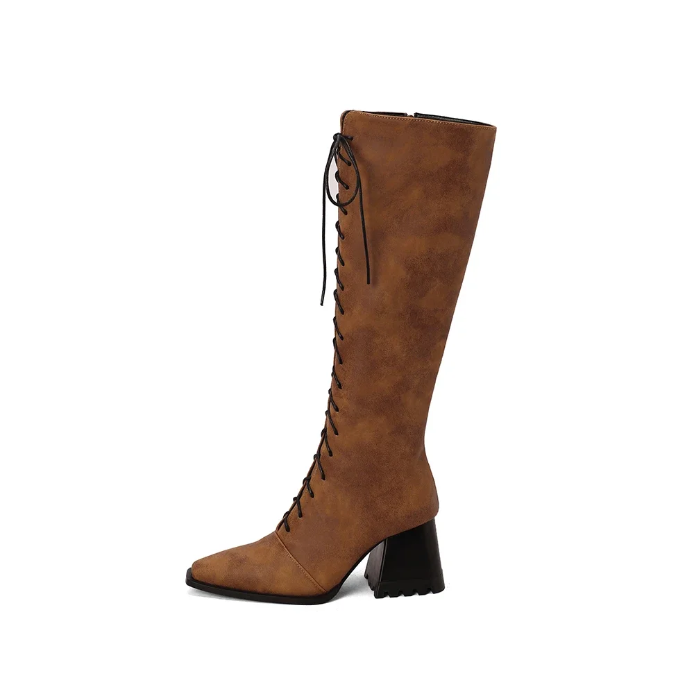 Winter Sexy Leopard Brown Women Knee High Motorcycle Boots 3 Inch High Heel Lady Casual Shoes Plus Big Size 10 43 45 48