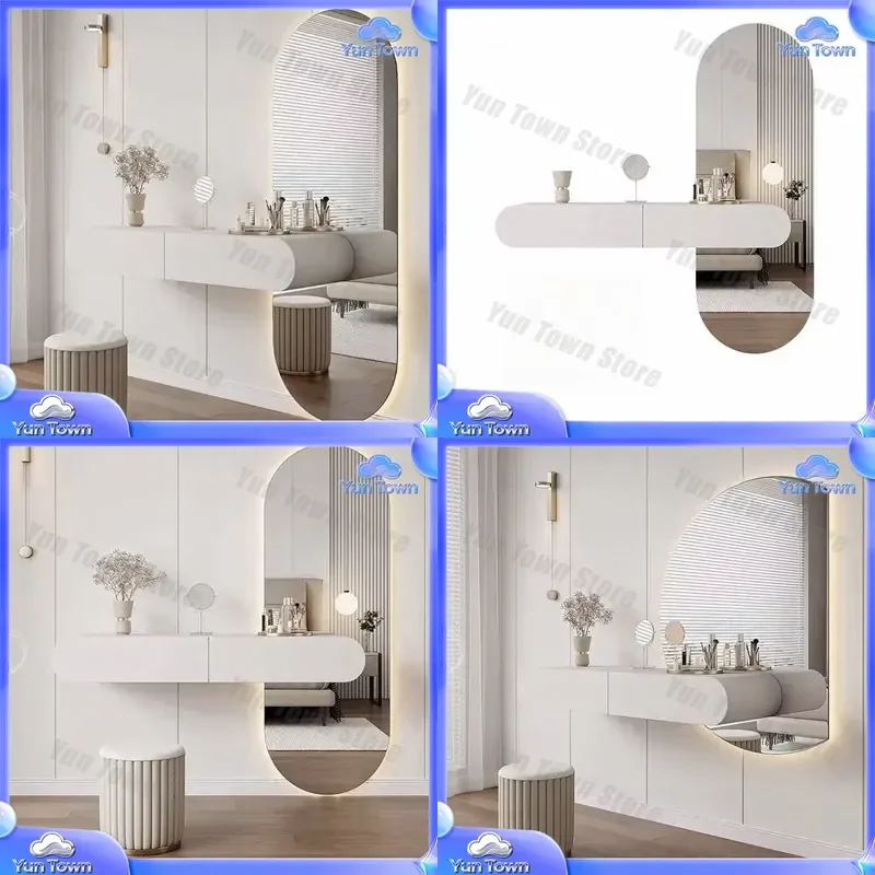 Cream Suspended Dressing Table for Bedroom Furniture Minimalist Wall Mounted Dressing Table with Mirror Combination for Small