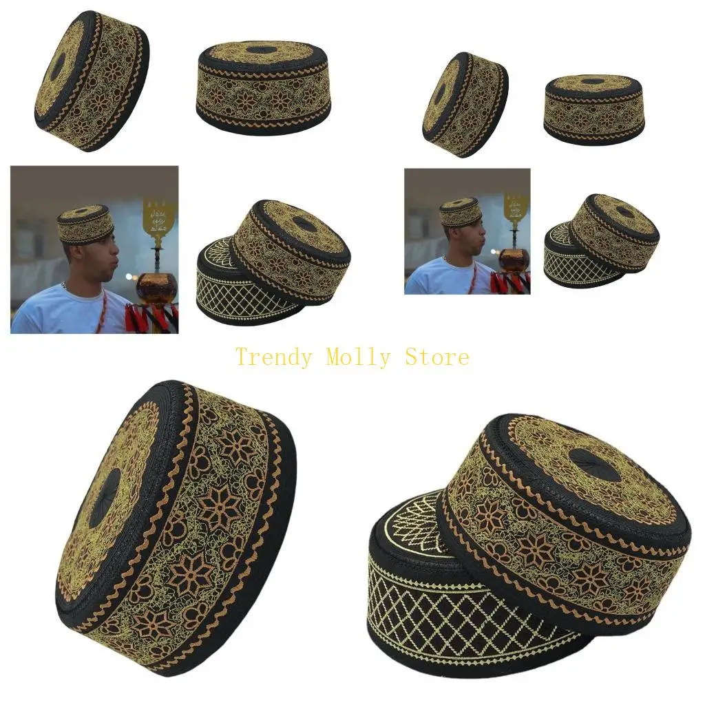 N5KB Dorosły mężczyzna haftowany kapelusz AbayaPrayer Tradycyjny indyjski okrągły kapelusz Turban Caps