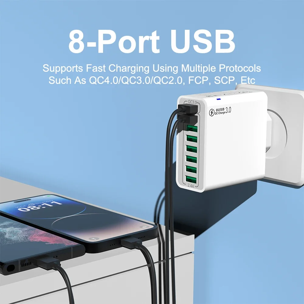 Ładowarka USB 8-portowa szybka ładowarka EU/US/KR Wtyczka ścienna QC 3.0 do telefonu Adapter do iPhone 15 14 Xiaomi Huawei Samsung