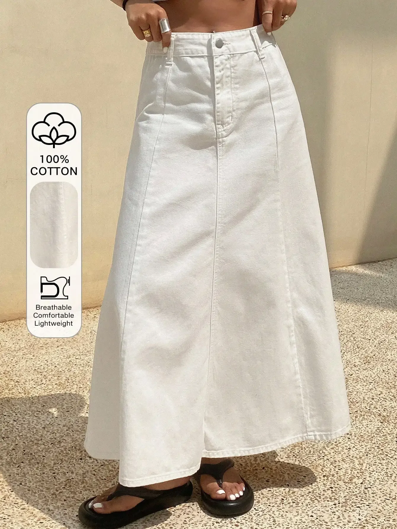 

White A-Line Denim Midi Skirt for Women, 100% Cotton, Casual Summer Wear