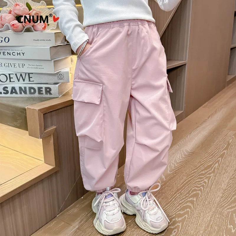 CNUM Toddlers Spring Trendy Brand Large Pocket Children's Cargo Pants, Pink Loose Fit Casual Bottoms for Baby Girls