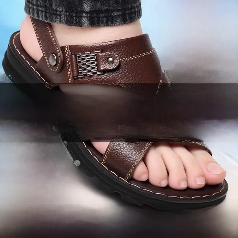 Men's Summer Outdoor Sandals Slippers Wear-Resistant Anti-Slip Driving Two-Purpose Dad Beach Shoes Low Help PVC Fiber Waterproof