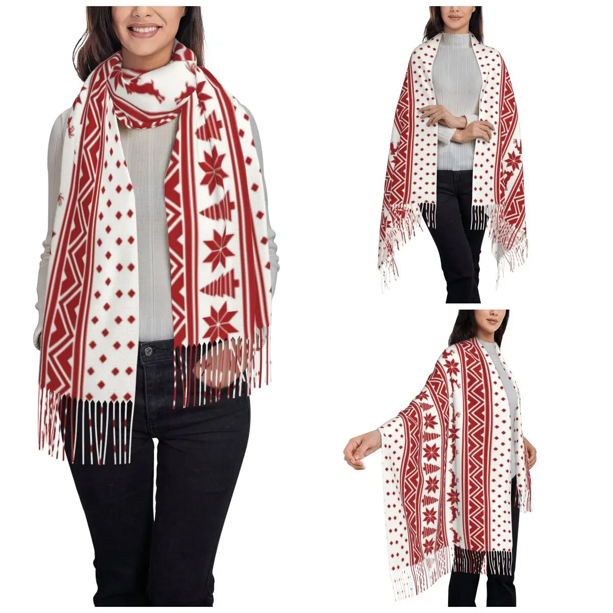Christmas Reindeer Shawl Wrap for Womens Winter Warm Single-sided Pattern Scarf Nordic Snowflake Deer Pashmina Shawl Scarves