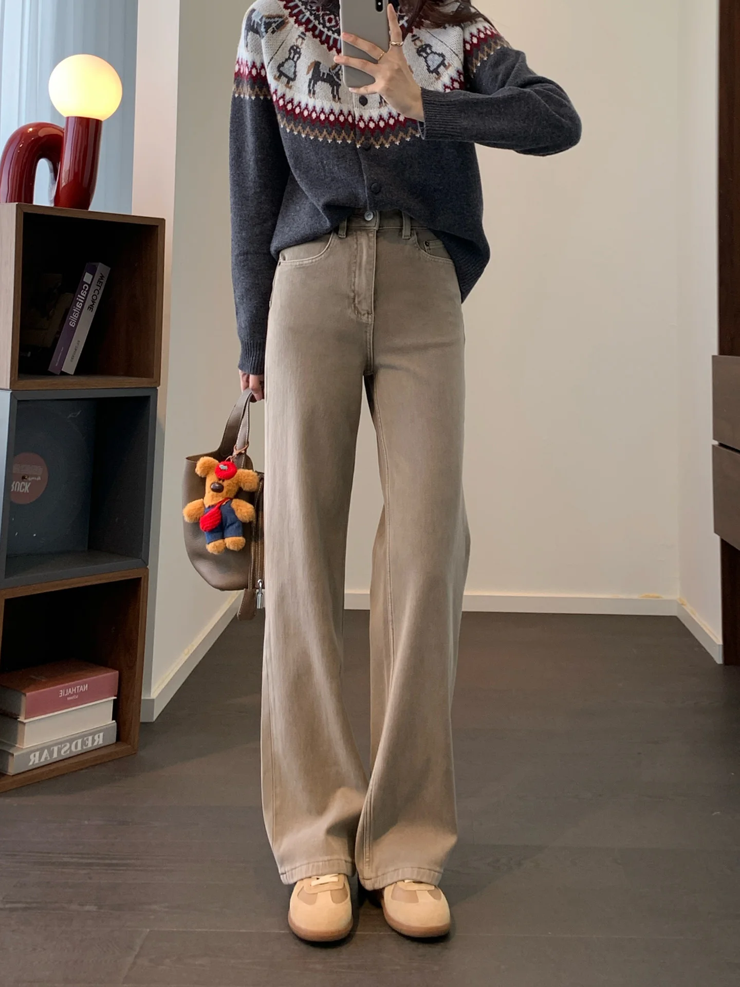 

Женские джинсы с высокой талией, утепленные флисом, в стиле ретро, зауженные, прямого кроя, осенне-зимняя мода, Uni Crispirit