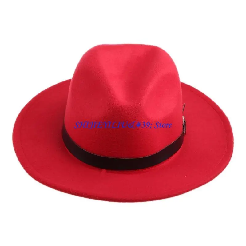 E21F Men Women Bowknot Hard Felt Fedora Panama Bowler Wide Hat Brim Gangster Cap