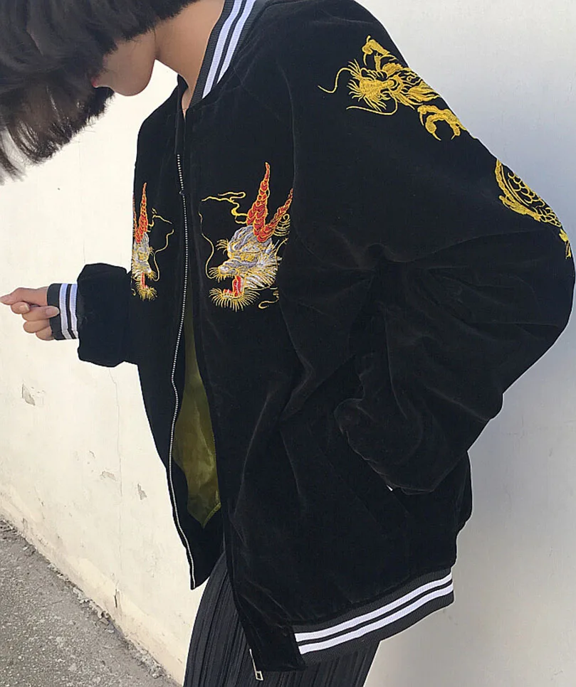 Unisex Spring Autumn Velveteen Baseball Jacket Men Women Luxury Sukajan Dragon Embroidery Bomber Coat Japanese 2024 Z1