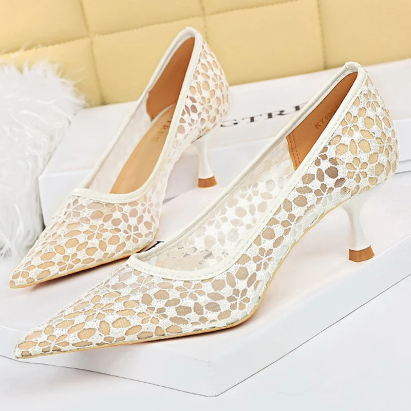 BIGTREE Shoes Mesh Cutout Lace Women Pumps Kitten Heels Sexy Banquet Shoes Stiletto Fashion Ladies Heels Plus Size 43 Sandals