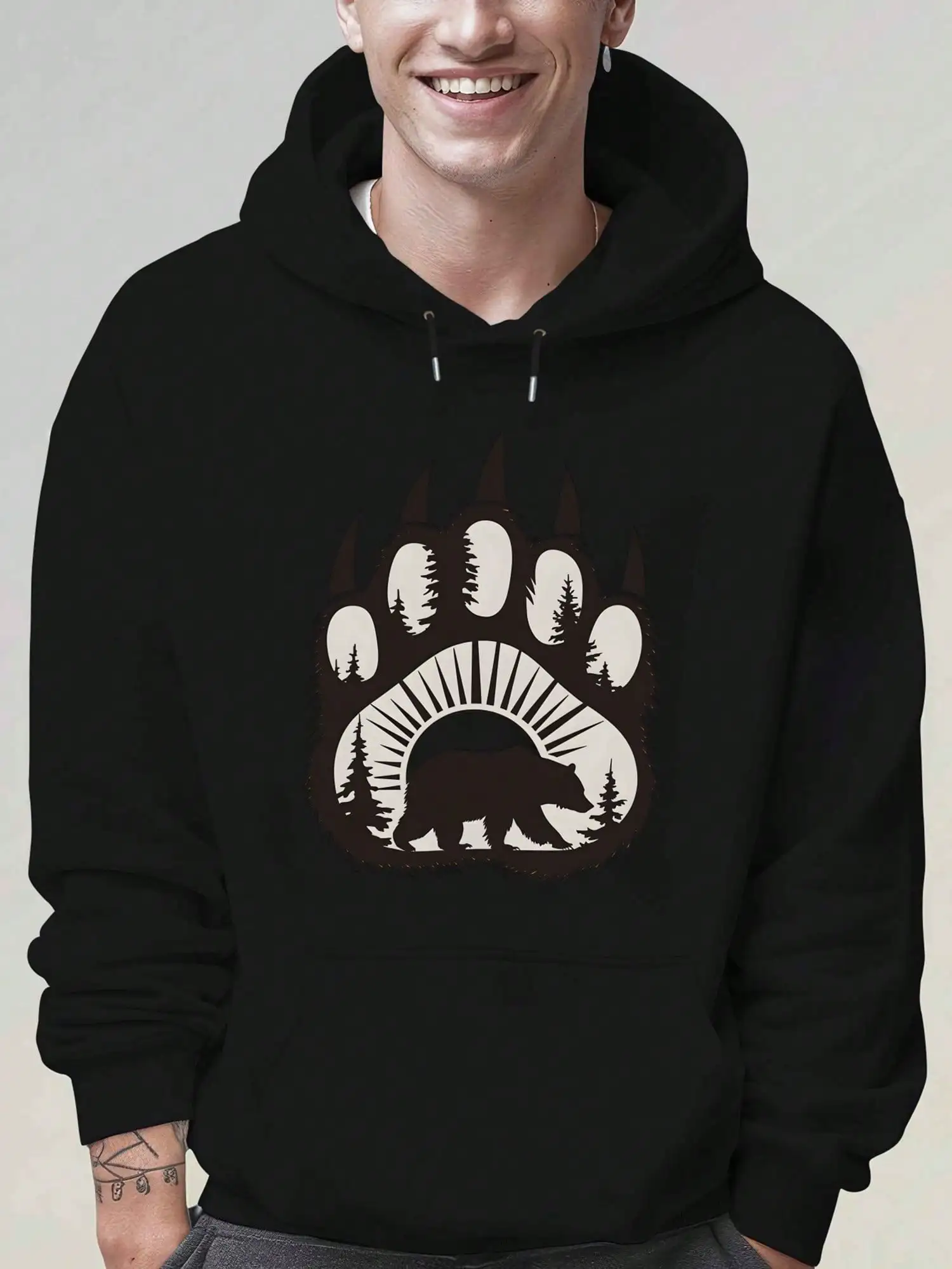 1PC Bear Claw Forest Graphic Men's Hoodie, Outdoor Adventure Casual Pullover Top