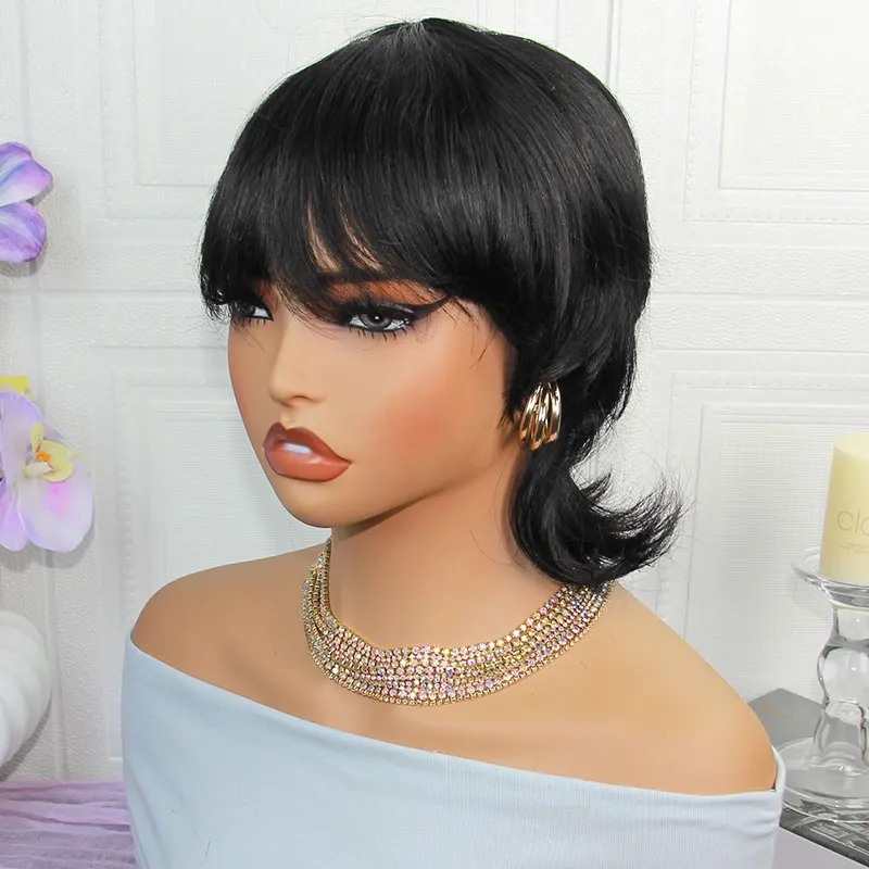 Short Pixie Cut Wig Human Hair For Women Full Machine Made Wigs With Bangs 1B Color Straight Layered Hair Natural Look Wig