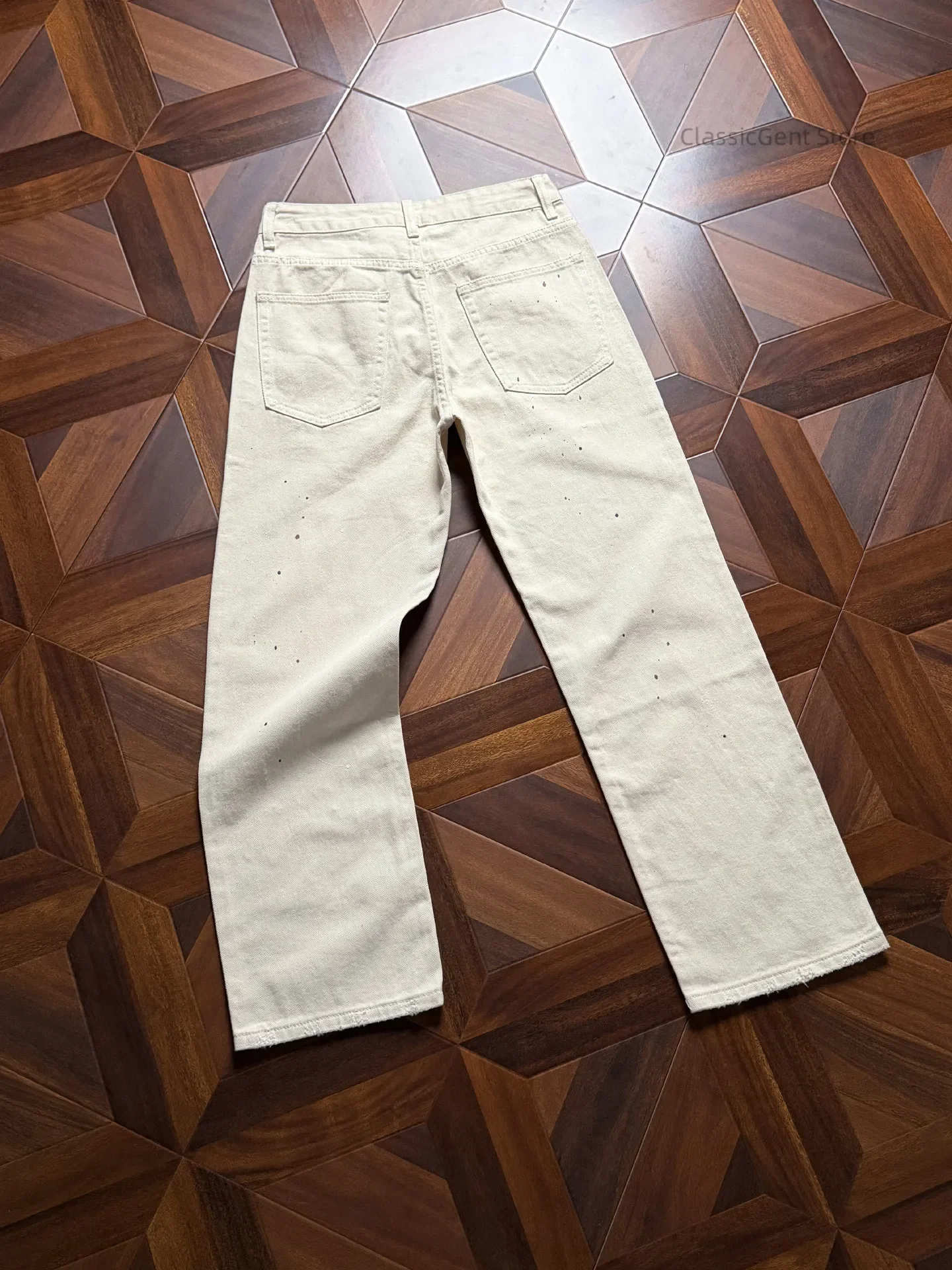 Handmade rough and scratched milk white straight jeans, artistic splashing ink, rough edge trousers