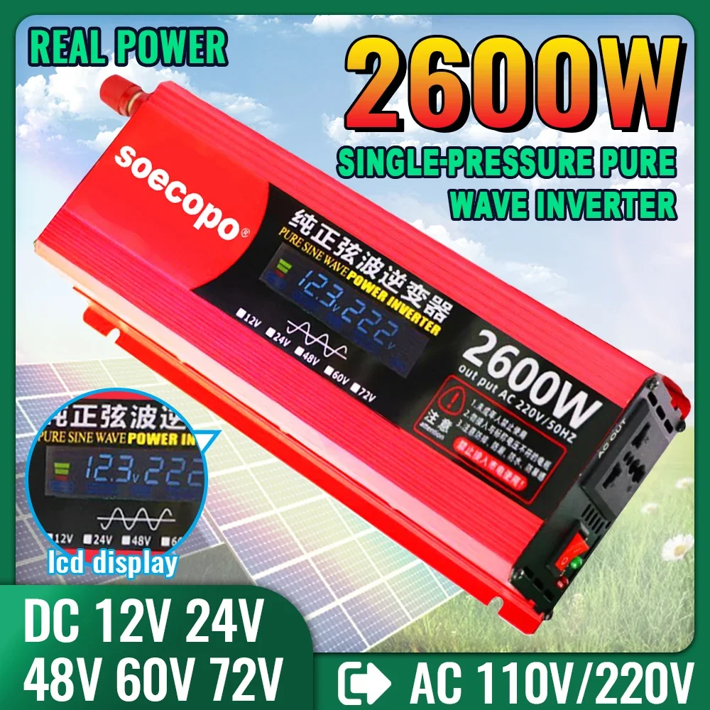 

Pure Sine Wave Power Inverter LCD Display 1000W 1600W 2200W 2600W 12V 24V 48V 60V 72V to 110V 220V for Home Camping Outdoor Use