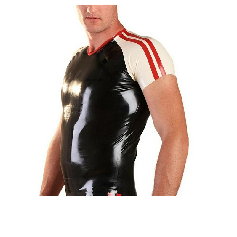 

Male Handmade Latex Men's Top T-Shirt Male Gummi Rubber Black with White Red Basic Fashion Custom
