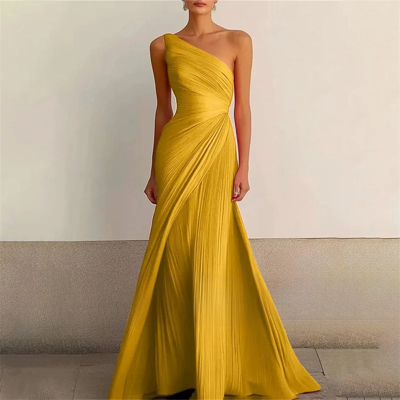 A Line Chiffon One Shoulder Pleat Evening Bridesmaid Dresses Wedding Party Formal Prom Birthday Floor Length Zipper Back image 4