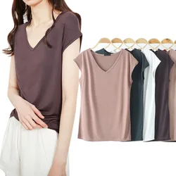 V Neck Tshirt Women summer modal Sleeveless Tee Tops Casual T-shirts Solid color Basic Top M to 2XL