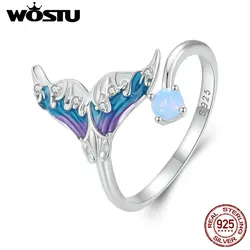 WOSTU 925 Sterling Silver Fantasy Mermaid Tail Opening Ring For Women Rainbow Party Round Fire Opal Ring Stackable Jewelry Gift