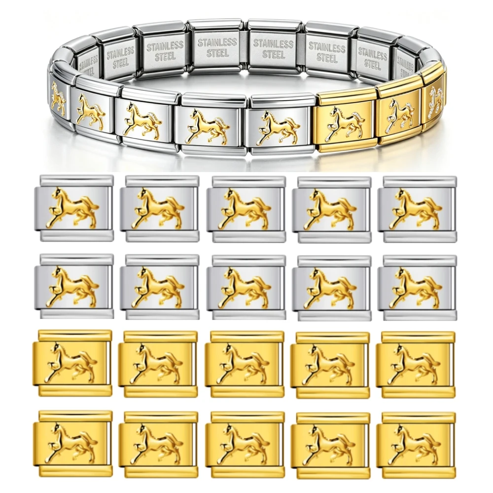 20Pcs Galloping Horse Charm Italian Module Bracelet Gold Horse Pattern Stainless Steel Links DIY Making Jewelry Bulk Wholesale