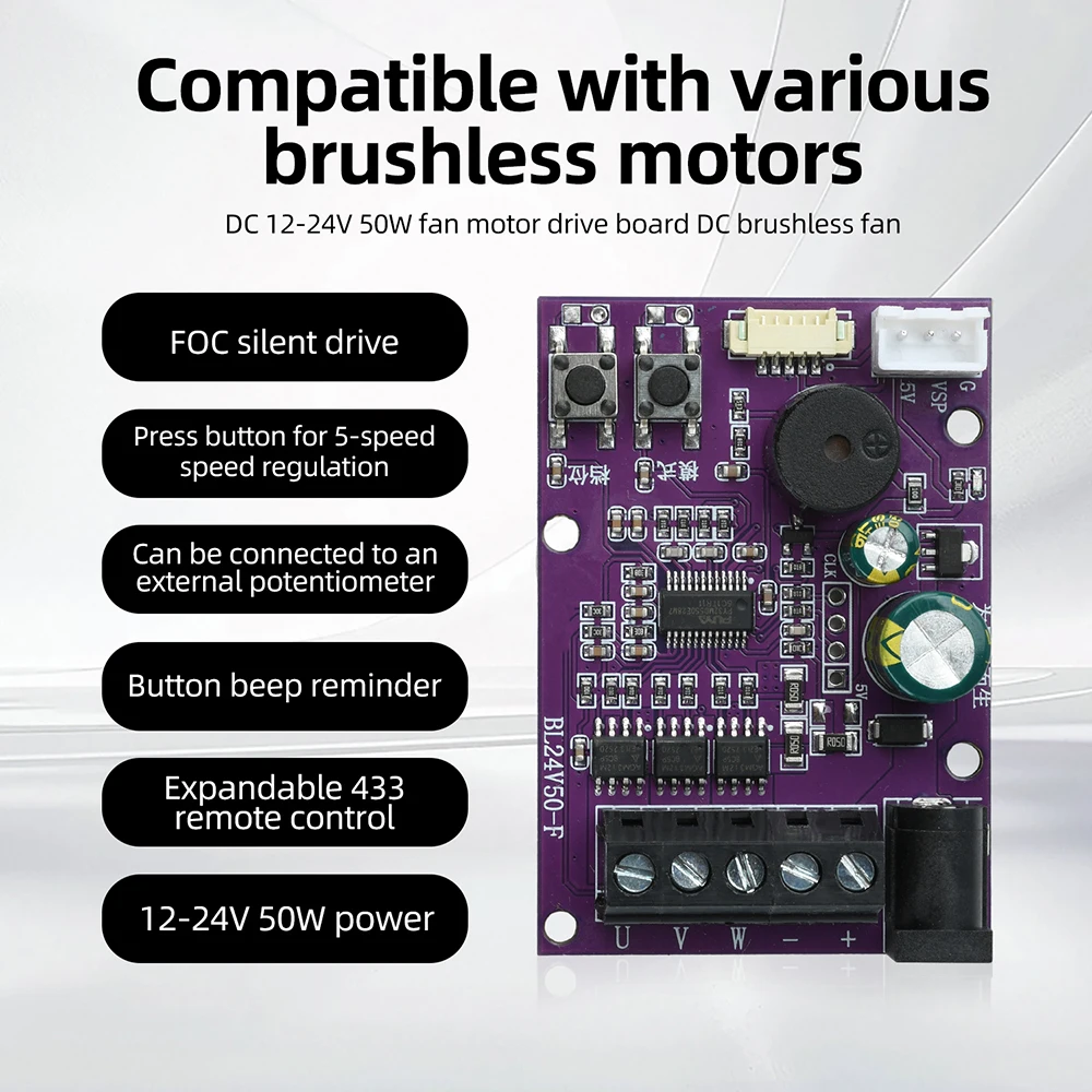 DC 12-24V 50W Brushless Fan Motor Driver Board FOC Silent Operation for DIY Fan Modifications Pedestal Fans Ceiling Fans