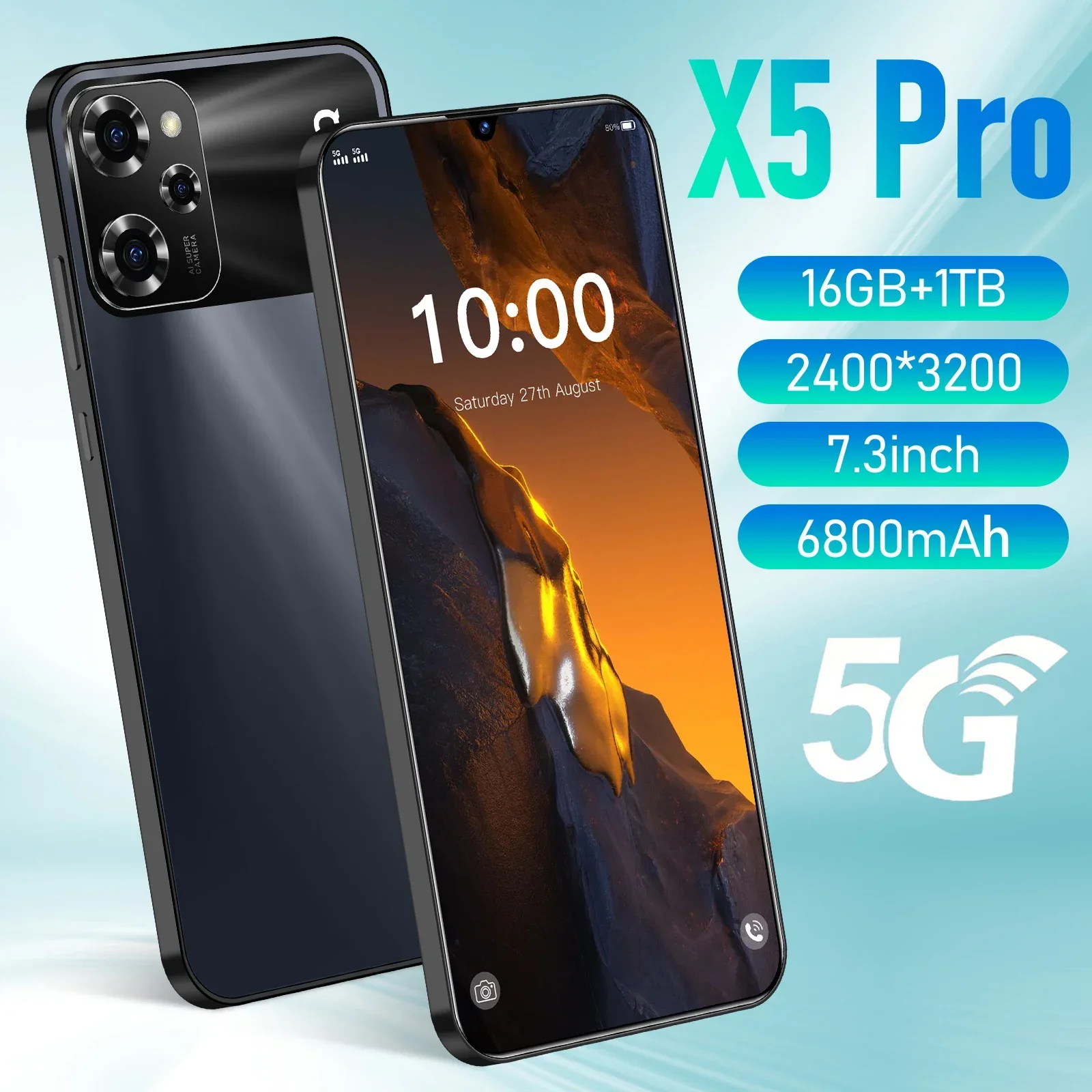 

X5 Pro 7.3'' HD Screen Dual SIM Card Smart Phone with 16GB+1TB, 6800mAh Battery, Snapdragon8 Gen2, 5G Network, 50MP+108MP Camera