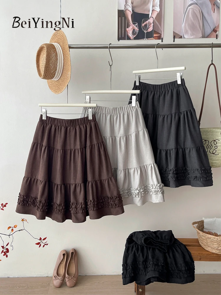 Beiyingni 2026 Autumn Winter Short Skirts for Women High Waist A-line Skirt Girls Korean Street Edible Tree Fungus Cake Skirt
