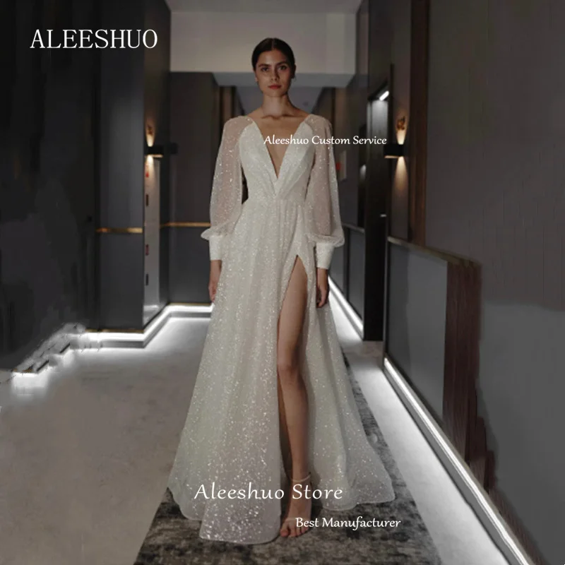 Aleeshuo elegante a-line maniche lunghe abiti da sera senza schienale abiti da festa con paillettes scollo a V spacco laterale Glitter abiti da ballo gonfi