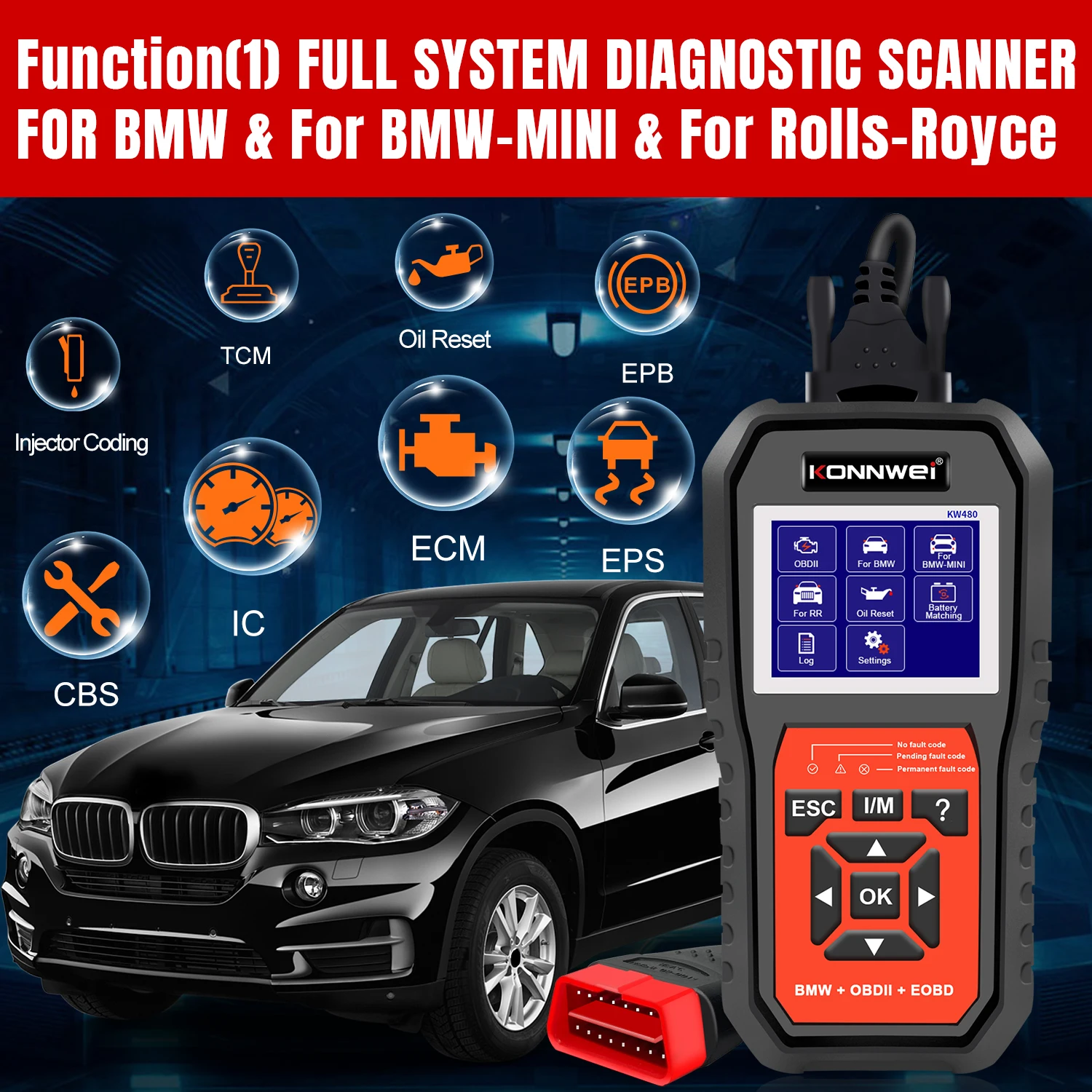 2026 KONNWEI KW480 Obd2 الماسح الضوئي قارئ رمز السيارات النفط TPMS إعادة تعيين محول أنظمة كاملة الماسح الضوئي أدوات تشخيص السيارات لسيارات BMW