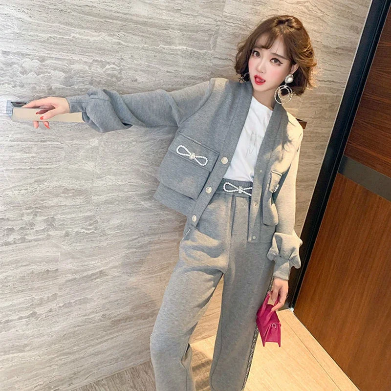 Autumn Winter Single-breasted Bow Women Suit 's Tracksuits Casual V-neck Causal Coat+ Pants for  Two Pieces Sets N468