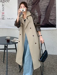 LANMREM Vintage Long Trench Coat Women Lapel Leather Spliced Sleeves Belt Double Breasted Windbreaker 2024 Autumn New 2AA2586