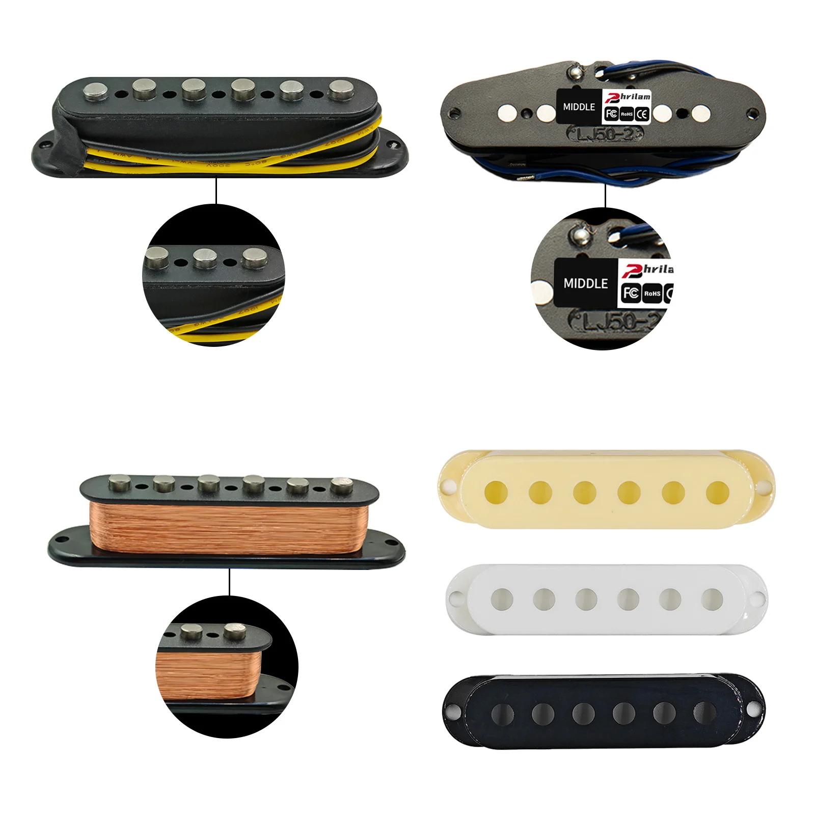 PHRILAM 3 pièces Pro pôle plat Alnico5 simple bobine cou/50mm milieu/50mm pont/52mm micros ensemble pour guitare électrique ST, crème