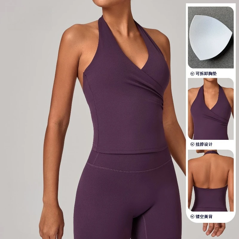Seamless Gym Workout Pleated V-Neck Halter Yoga Tank Top Tight-Fitting Open Back Sports Top Outdoor Running Fitness Sports Bra image 3