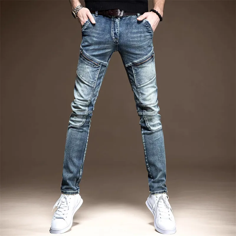 Jean de travail pour homme, pantalon de style Punk, Vintage, avec fermeture éclair, classique, Slim, style Cowboy, Streetwear, pour printemps et automne