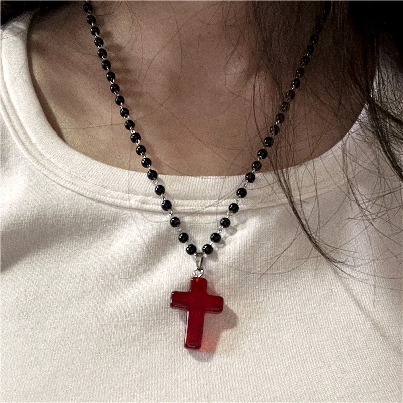 Gothic Vintage Red Glass Cross Pendant Black Bead Rope Chain Necklace For Women Men Y2K Aesthetic EMO Grunge Jewelry Accessories