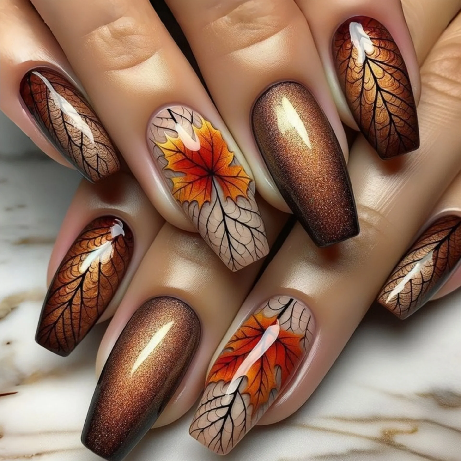 Mittlere künstliche Nägel für Frauen und Mädchen, Farbverlauf, braunes Ahornblatt, grau, schwarz, Krähe für Herbst und Winter, quadratische Ballettspitzen, zum Aufdrücken der Nägel