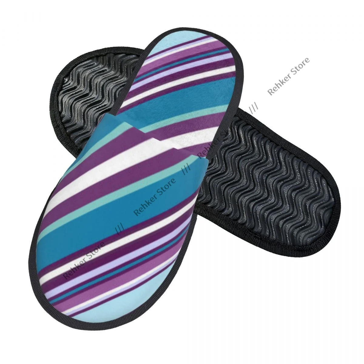 Soft Plush Cotton Blue Diagonal Pattern Slippers Shoes Non-Slip Floor Indoor Furry Slippers For Bedroom