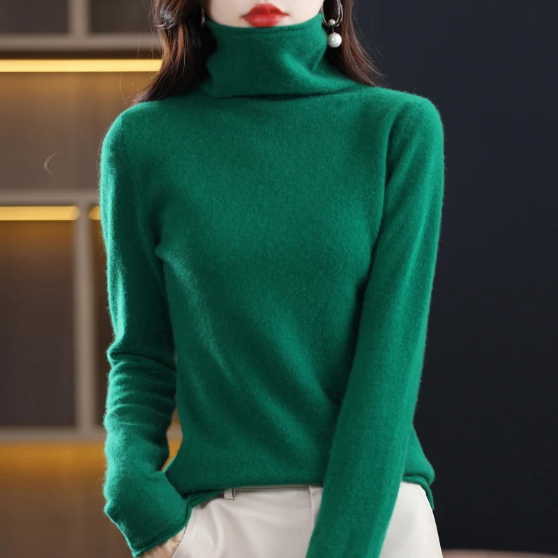 100% Merino Wool Sweater Women's High Stacked Collar Pullover Long Sleeve Winter Knitted Sweater Warm High Quality Jumper