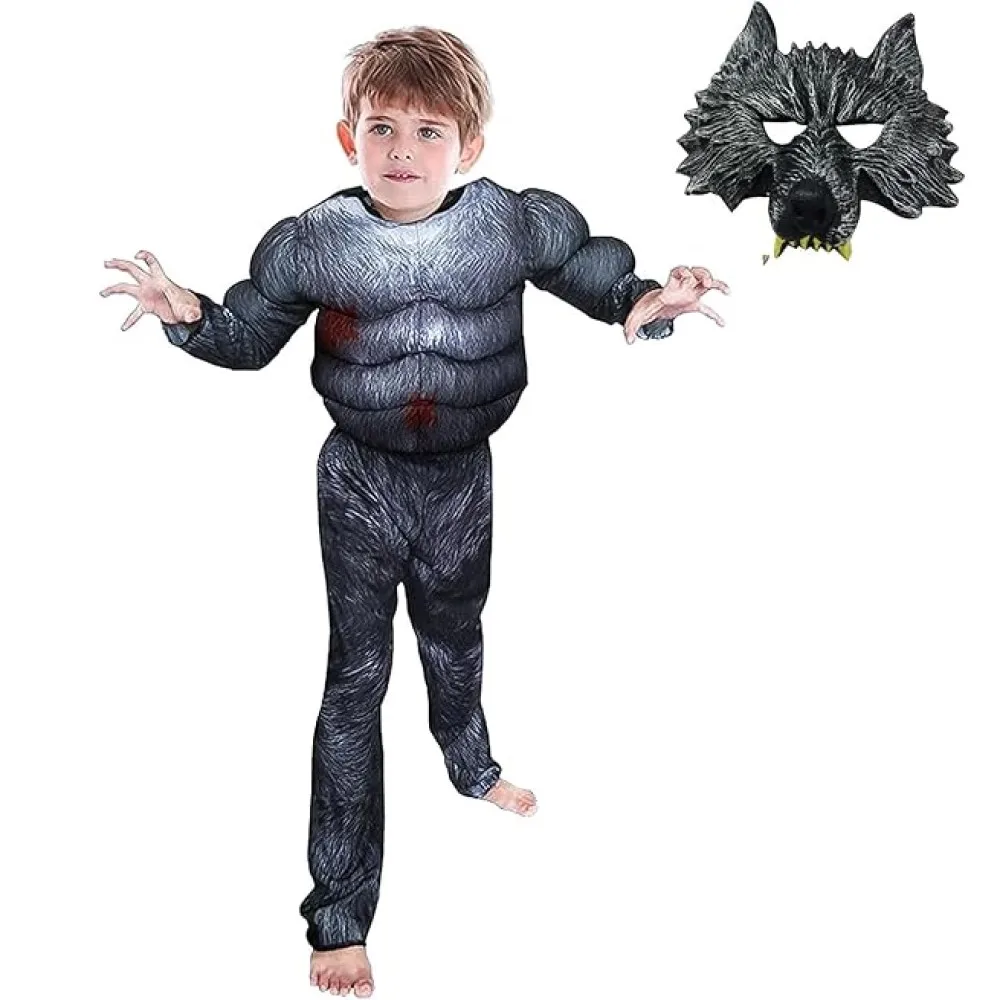 

Boys Wolf Muscle costume Suits Kids Werewolf Costume with Wolf Mask Halloween Monster Dress Up for Boy