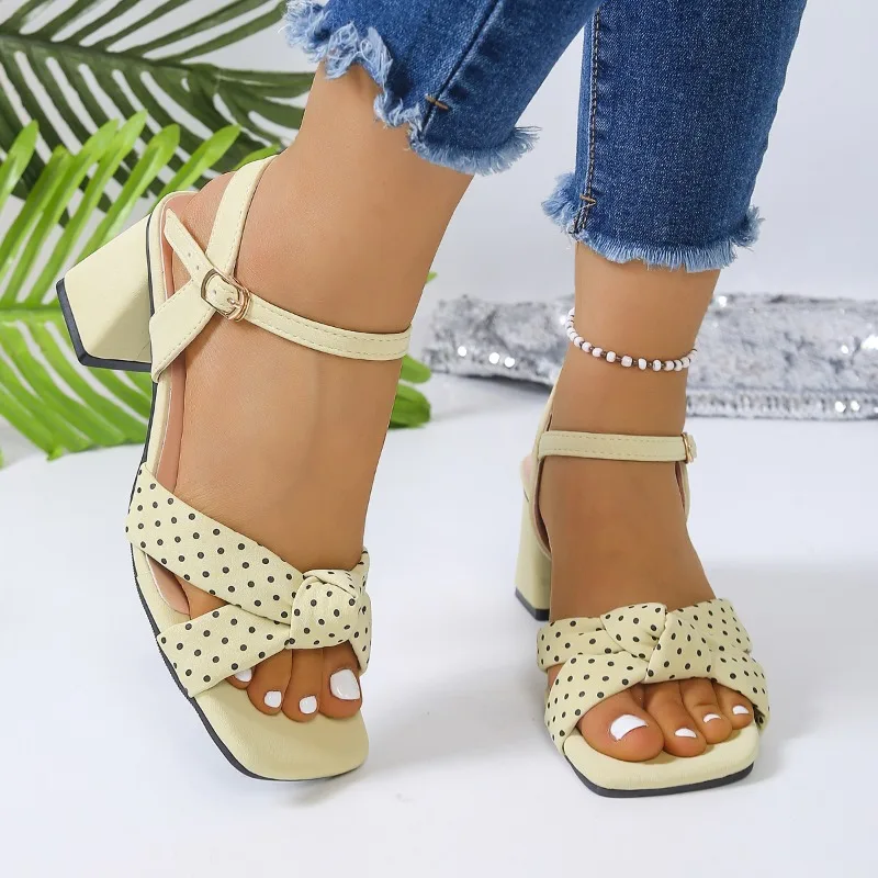 2026 Summer New Twist Knot Design Women Heels Fashion Solid Square Toe Comfort Thick Heeled Women Shoes Босоножки Женские