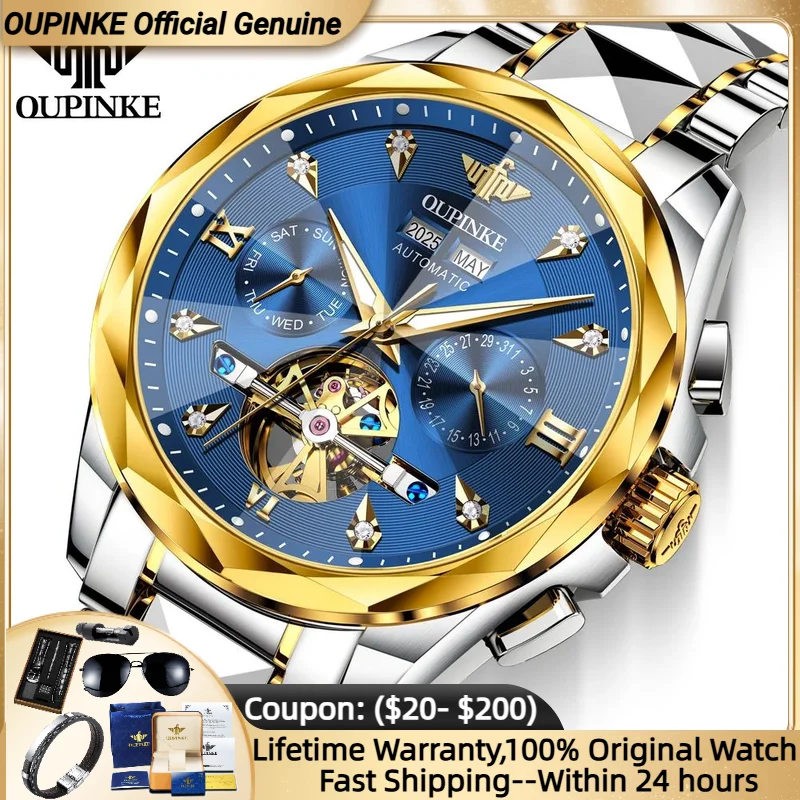 

OUPINKE 3316 Mechanical Watch for Men Auto Date Diamond Scale Two-tone 44mm Big Dial Hollow Luxury Men's Watch