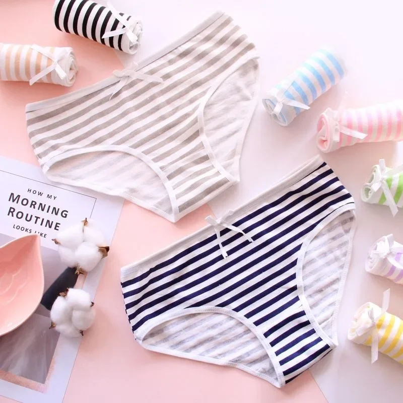 Fashion Soft Cotton Stripes Panties Bowknot Cute Underwear Women Panties Briefs Good Quality Soft Comfy Underwear Candy Color