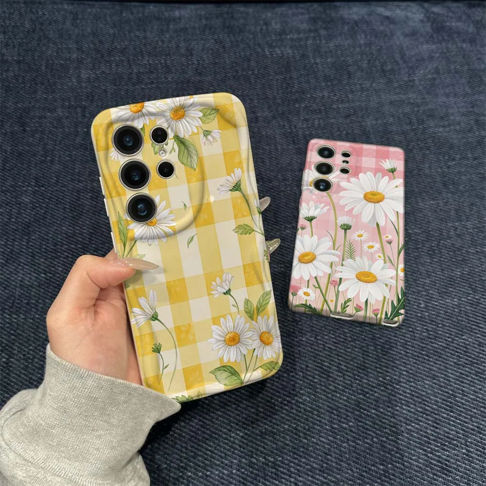 

Pink Checkerboard Daisy Phone Case For Samsung Galaxy S21 S23 S24 S25 S26 FE Lite Plus Ultra 5G Wave Oil Film