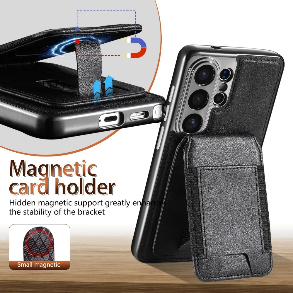 

For Samsung S26 ultra Mobile Phone Case Wireless Charging Magnetic Card Holder Holder S26plus Plain Leather S26 Protective Cover