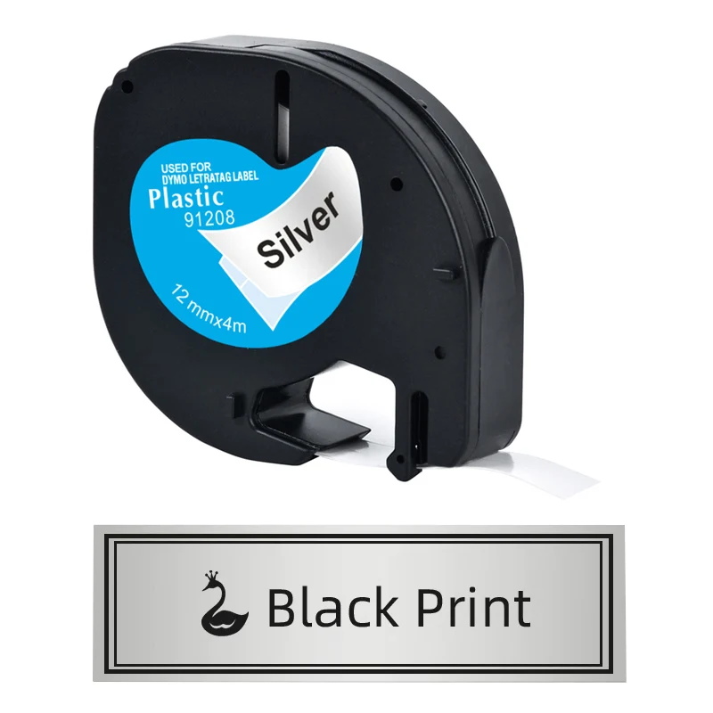 1PCS 91208 black on silver Phomemo P12 P12Pro Pastic Label Tape Replace for 91201 12267 DYMO LetraTag 100H LT-100T LT-200B