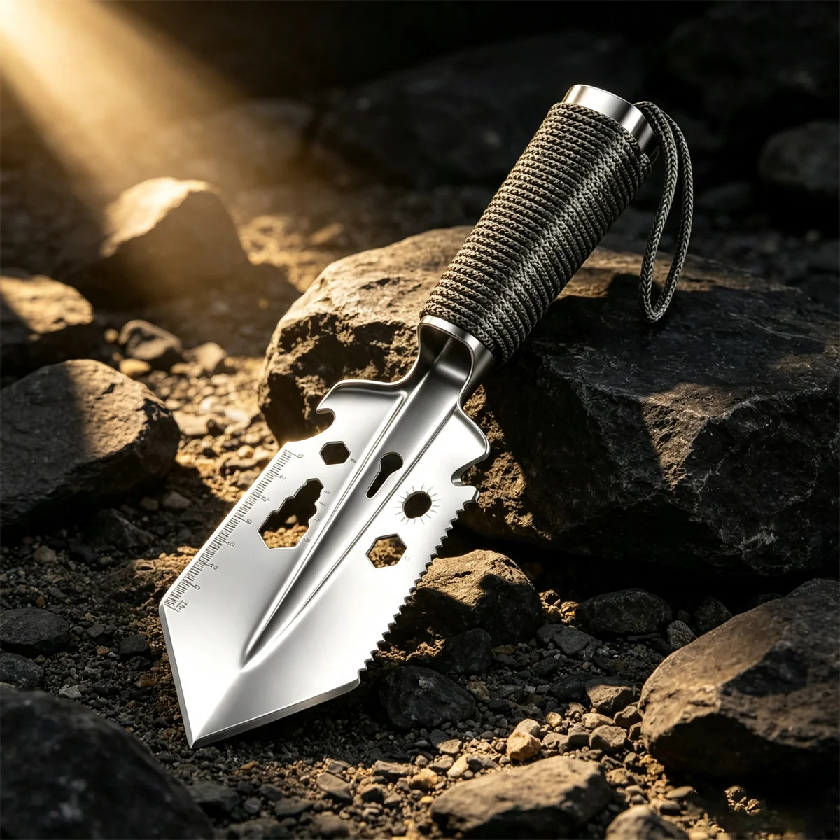 Outdoor Camping Portable Engineer Shovel Field Survival Tools, Stainless Steel Multi-functional Small Hand Shovel Safety Rope